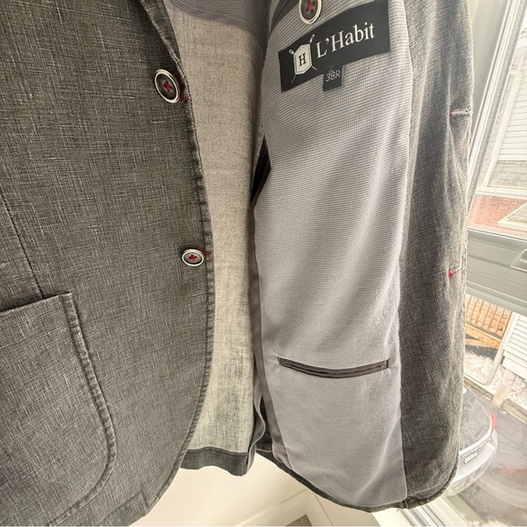 L’Habit 38R Gray 100% Linen Sport Coat Blazer Double Vent Red Contrast Stitching - Picture 8 of 12